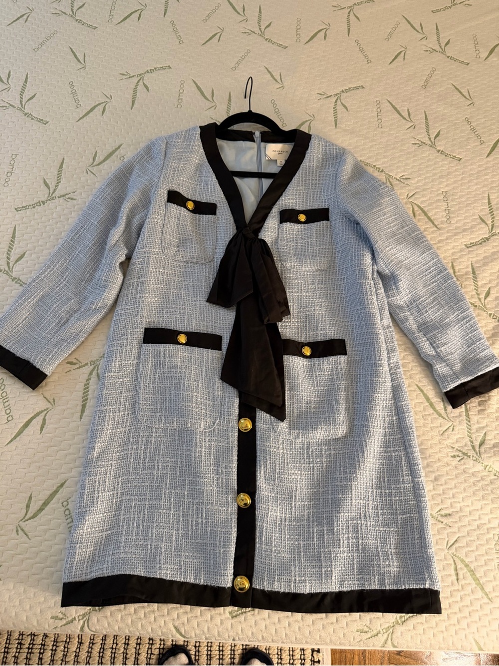 Tuckernuck Women's Light Blue Tweed Dress with Black Trim and Gold Buttons